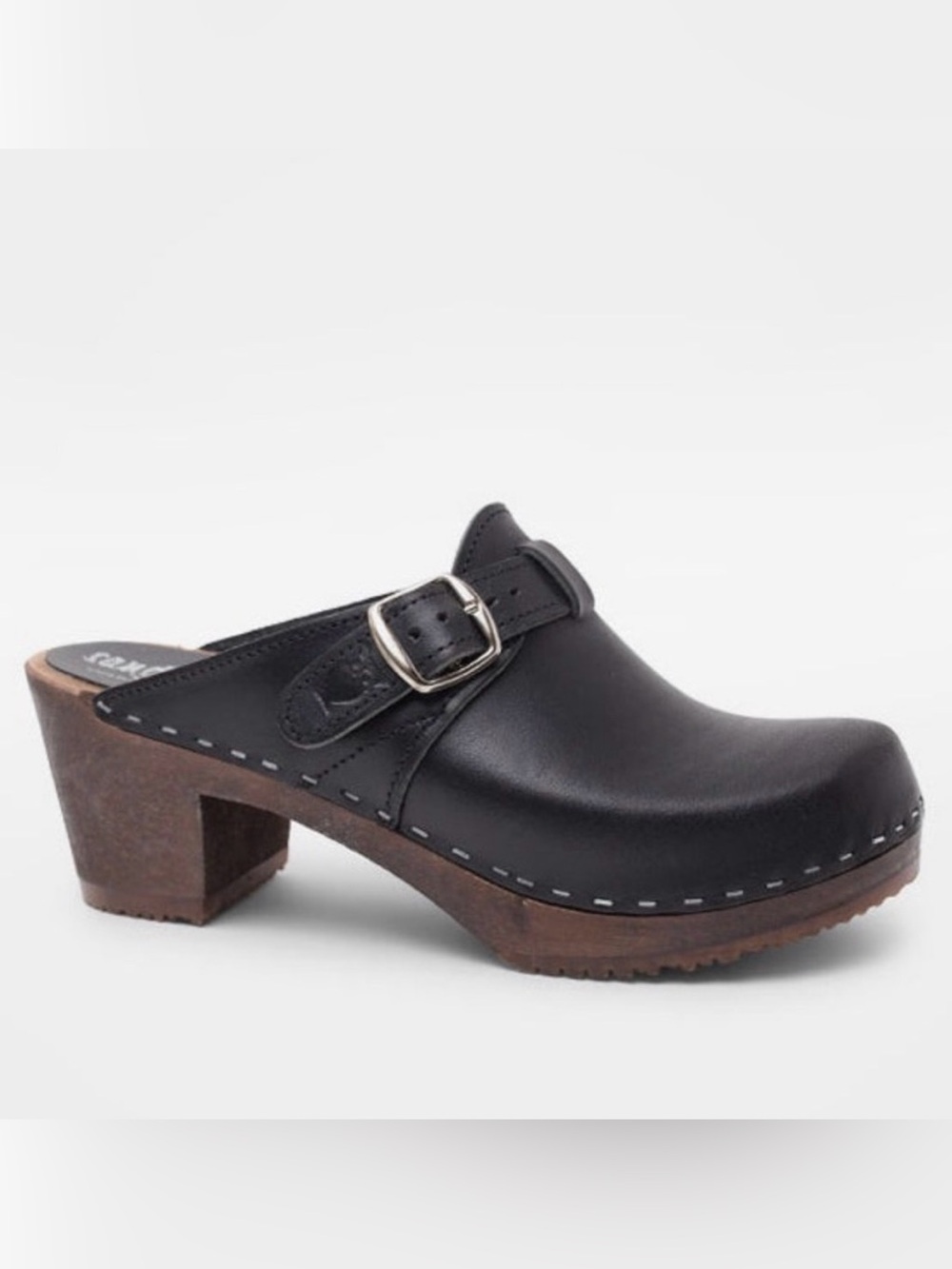 Sandgrens Swedish Black Leather Buckle Clog Mule | Size EU 38 US 7